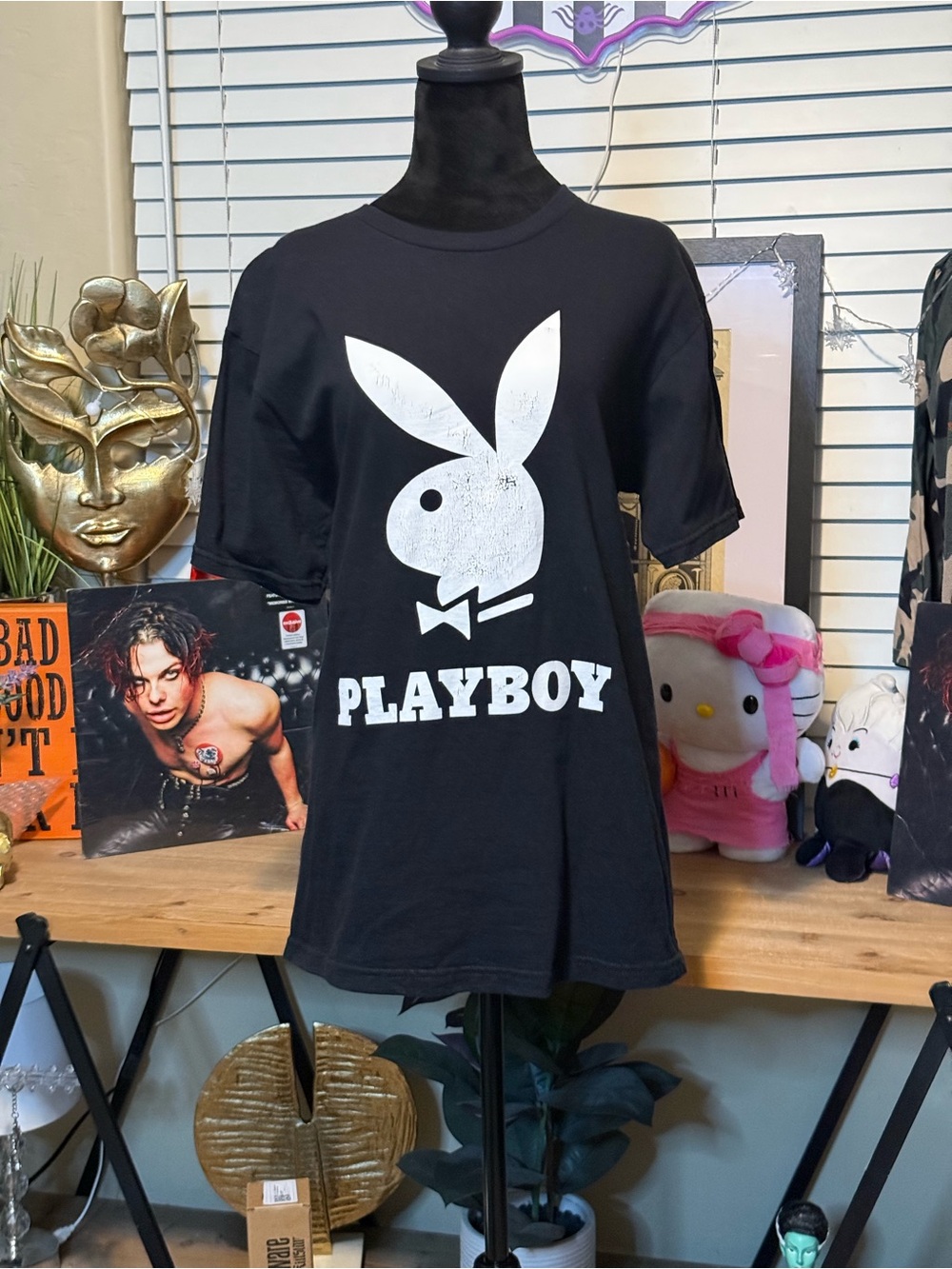 PLAYBOY Black Tee with Large White Bunny Graphic